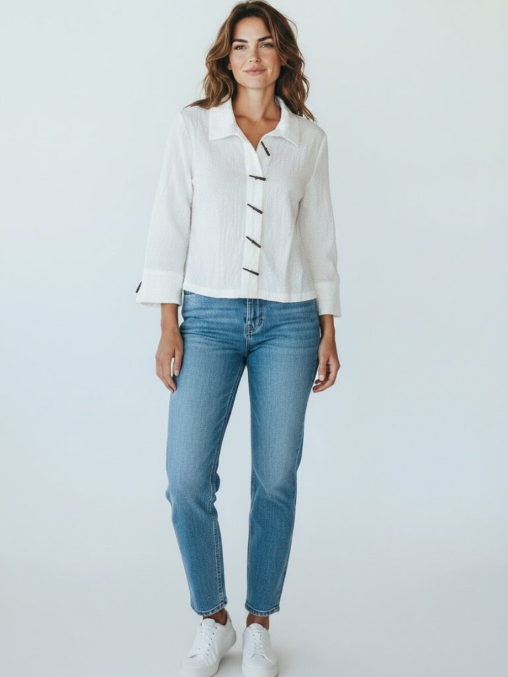 Habitat Chopstick Button Crinkle Gauze 3/4 Sleeve Top S‎ White 293E
